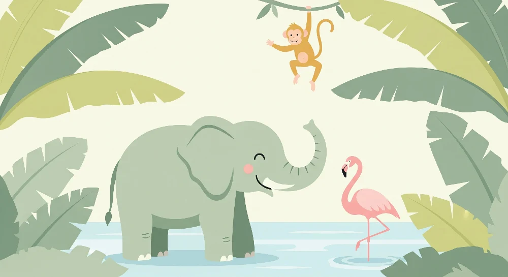 Lastenhuoneen tapetti | Iloinen elefantti, ilkikurinen apina ja vaaleanpunainen flamingo trooppisessa viidakossa