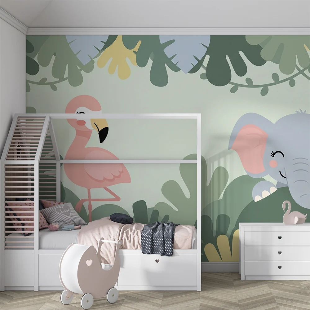 Lastenhuoneen tapetti | Iloinen elefantti ja vaaleanpunainen flamingo värikkäässä viidakossa
