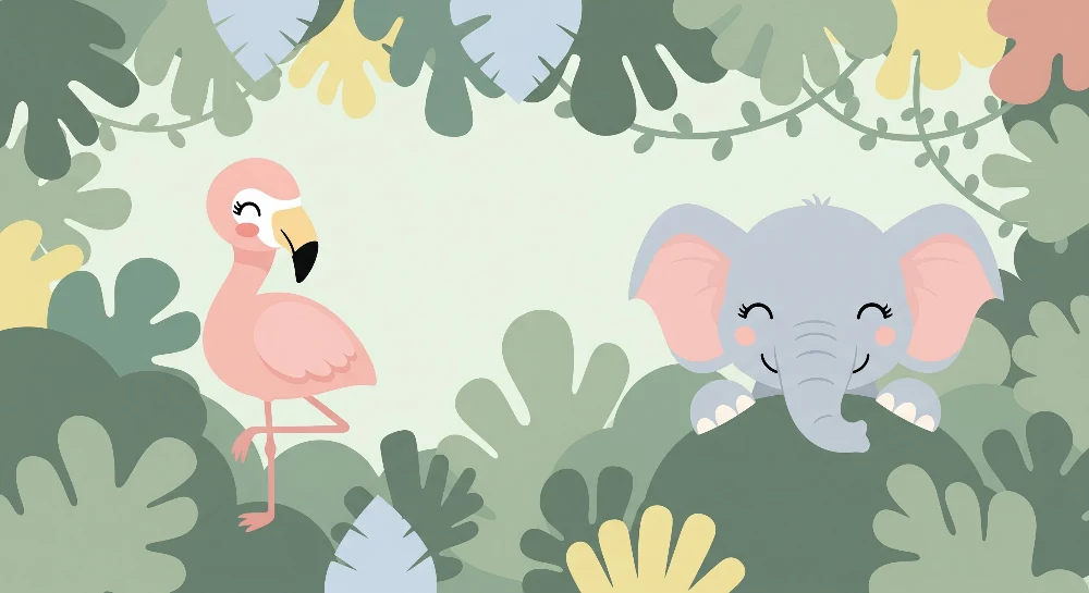 Lastenhuoneen tapetti | Iloinen elefantti ja vaaleanpunainen flamingo värikkäässä viidakossa