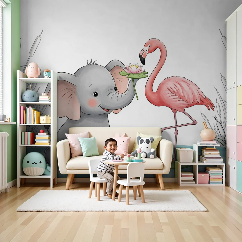 Lastenhuoneen tapetti | Iloinen elefantti ja vaaleanpunainen flamingo veden äärellä