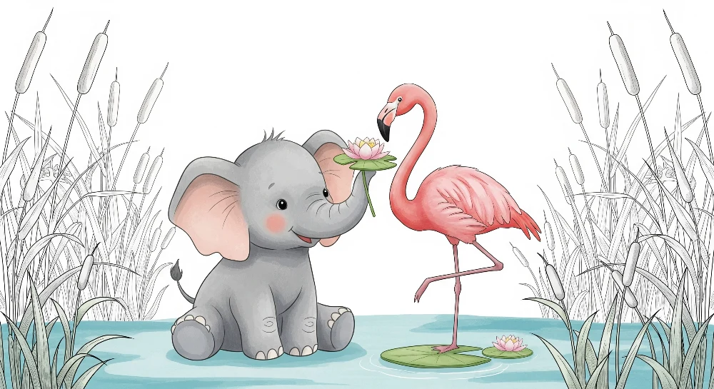 Lastenhuoneen tapetti | Iloinen elefantti ja vaaleanpunainen flamingo veden äärellä