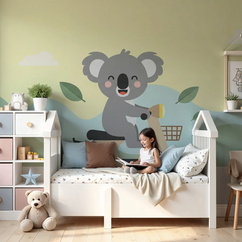Lastenhuoneen tapetti | Iloinen koala skootterillaan