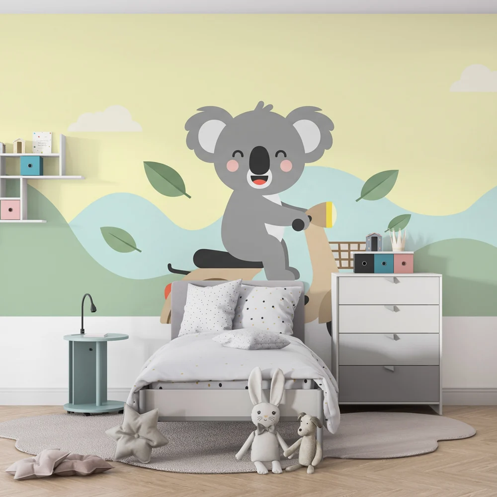 Lastenhuoneen tapetti | Iloinen koala skootterillaan