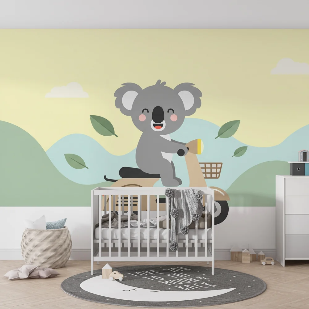 Lastenhuoneen tapetti | Iloinen koala skootterillaan
