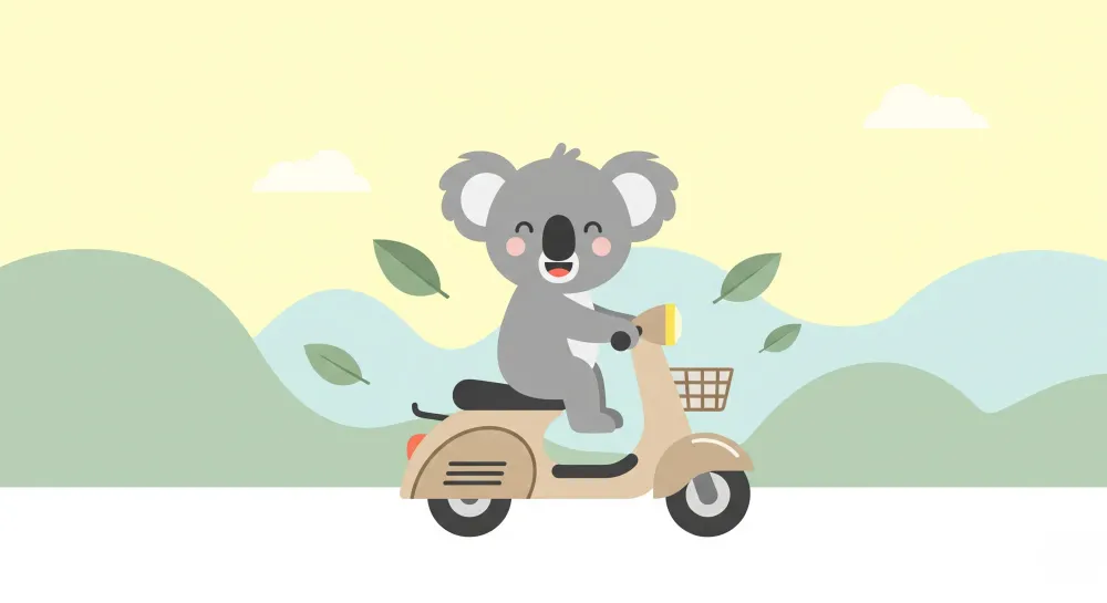 Lastenhuoneen tapetti | Iloinen koala skootterillaan