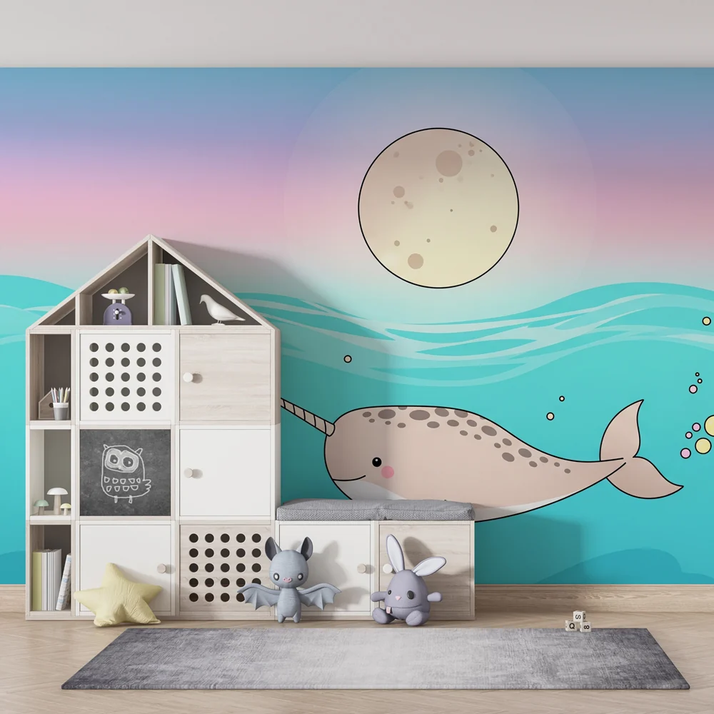 Lastenhuoneen tapetti | Iloinen narwhal pastellinsinisellä taivaalla