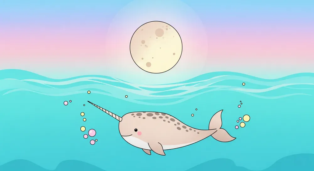 Lastenhuoneen tapetti | Iloinen narwhal pastellinsinisellä taivaalla