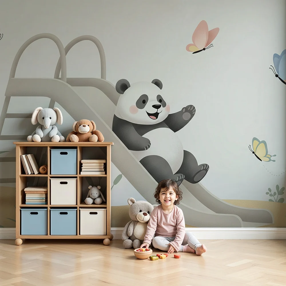 Lastenhuoneen tapetti | Iloinen panda liukumäessä perhosten kanssa