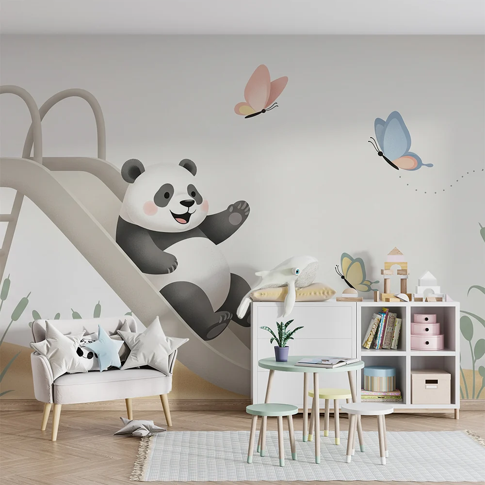 Lastenhuoneen tapetti | Iloinen panda liukumäessä perhosten kanssa