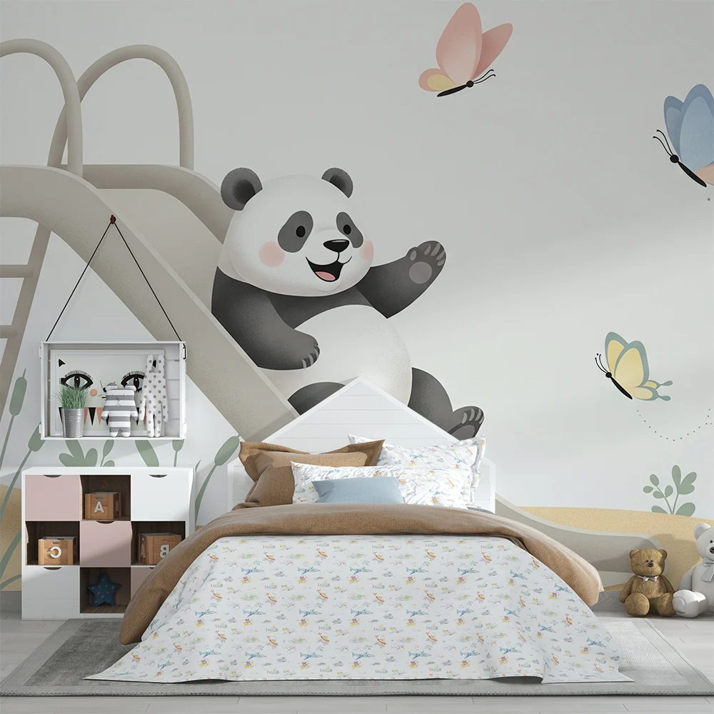 Lastenhuoneen tapetti | Iloinen panda liukumäessä perhosten kanssa
