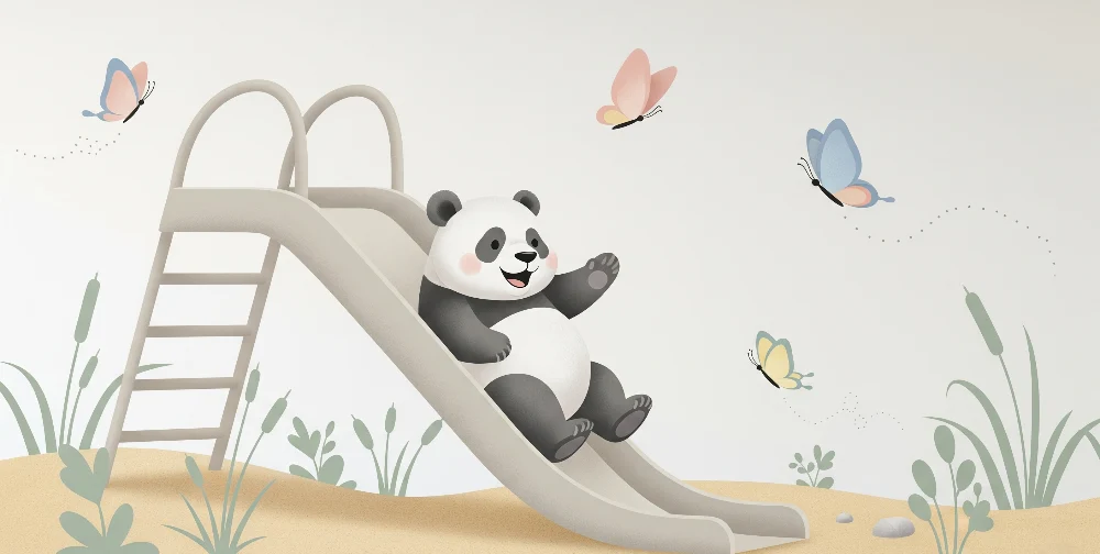 Lastenhuoneen tapetti | Iloinen panda liukumäessä perhosten kanssa
