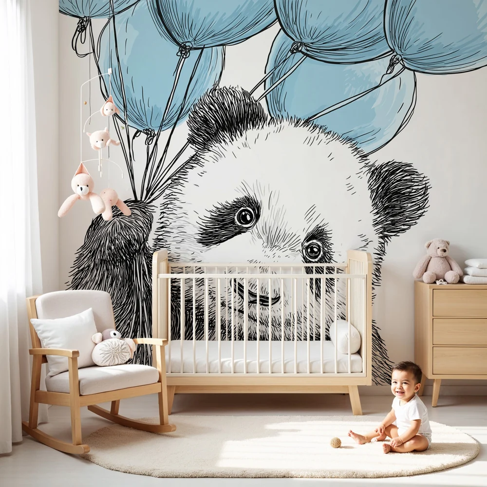 Lastenhuoneen tapetti | Iloinen panda sinisillä ilmapalloilla