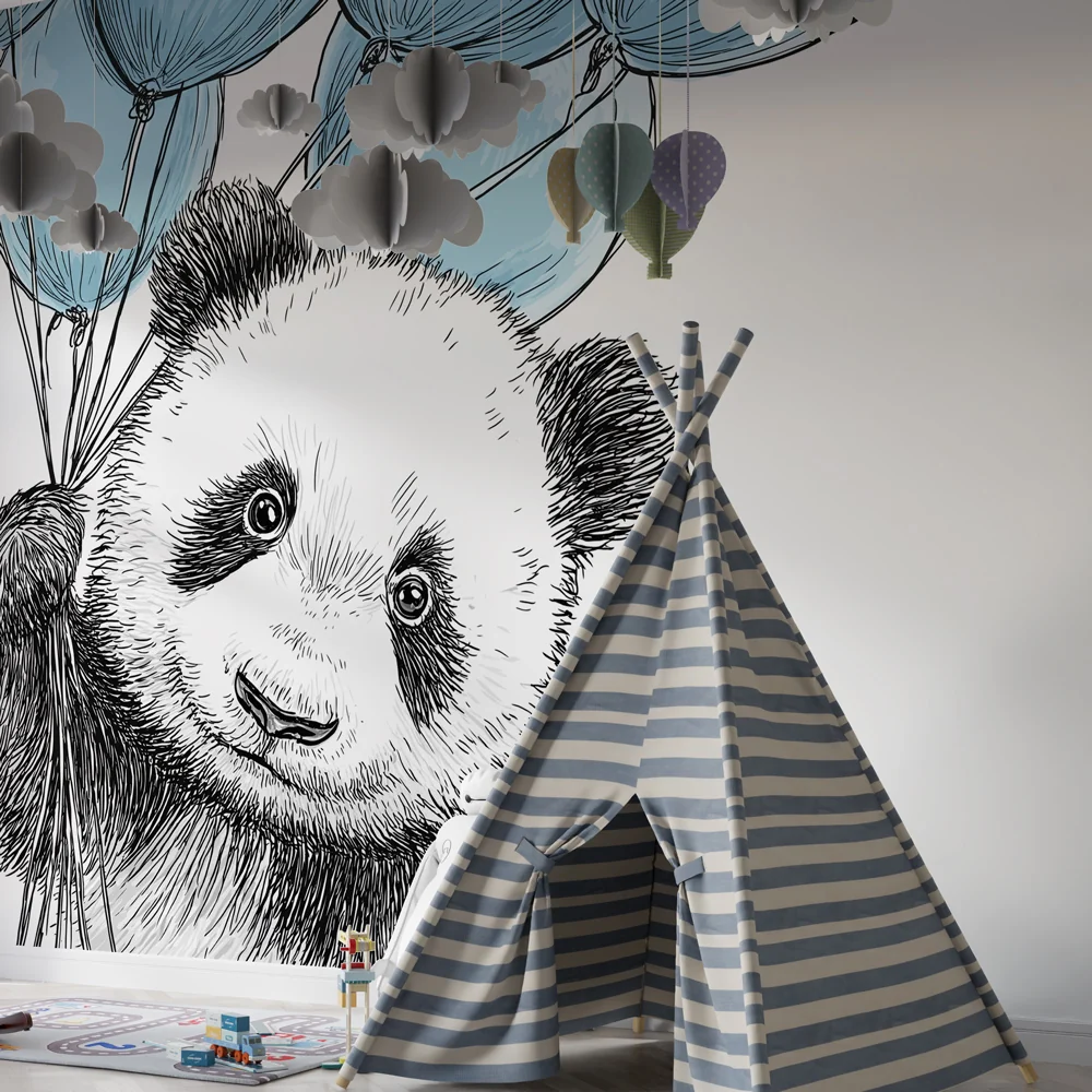 Lastenhuoneen tapetti | Iloinen panda sinisillä ilmapalloilla