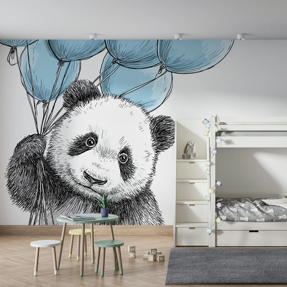 Lastenhuoneen tapetti | Iloinen panda sinisillä ilmapalloilla