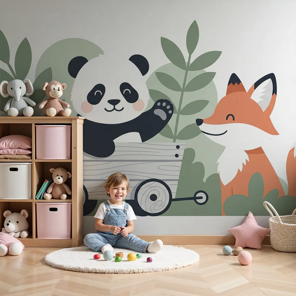 Lastenhuoneen tapetti | Iloinen panda ja ystävällinen kettu