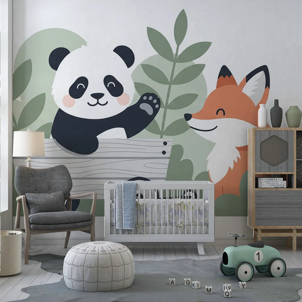 Lastenhuoneen tapetti | Iloinen panda ja ystävällinen kettu