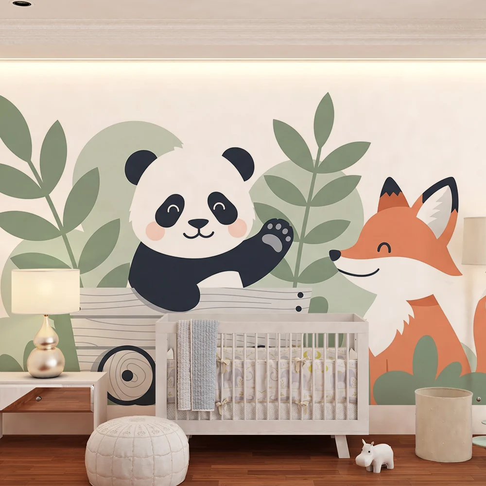 Lastenhuoneen tapetti | Iloinen panda ja ystävällinen kettu