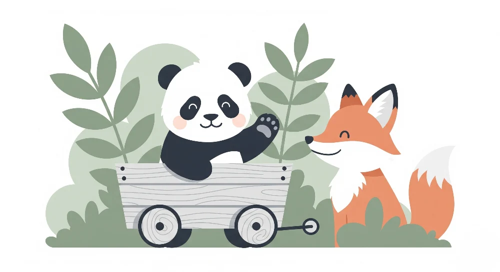 Lastenhuoneen tapetti | Iloinen panda ja ystävällinen kettu