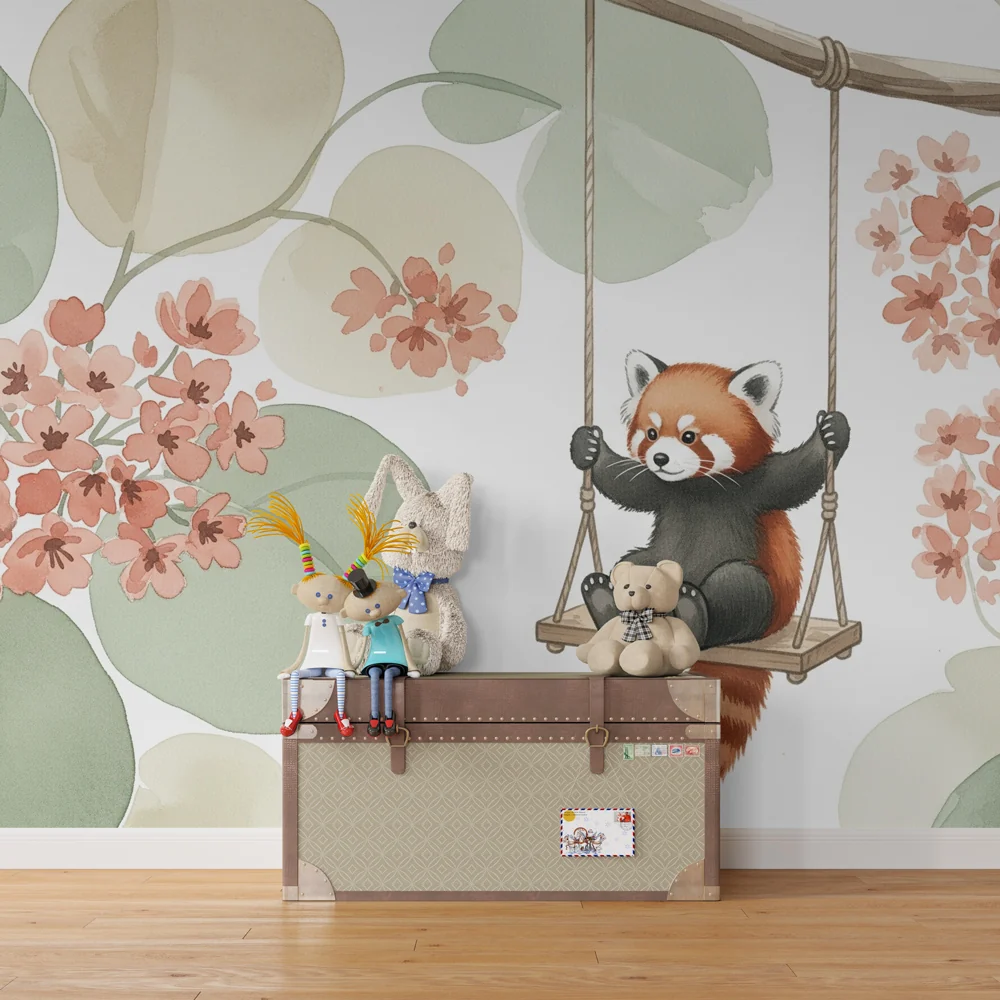 Lastenhuoneen tapetti | Iloinen punapanda kukkatarhassa