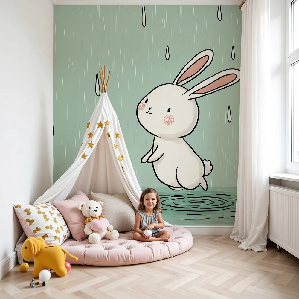 Lastenhuoneen tapetti | Iloinen pupu sateen alla herkillä pisaroilla