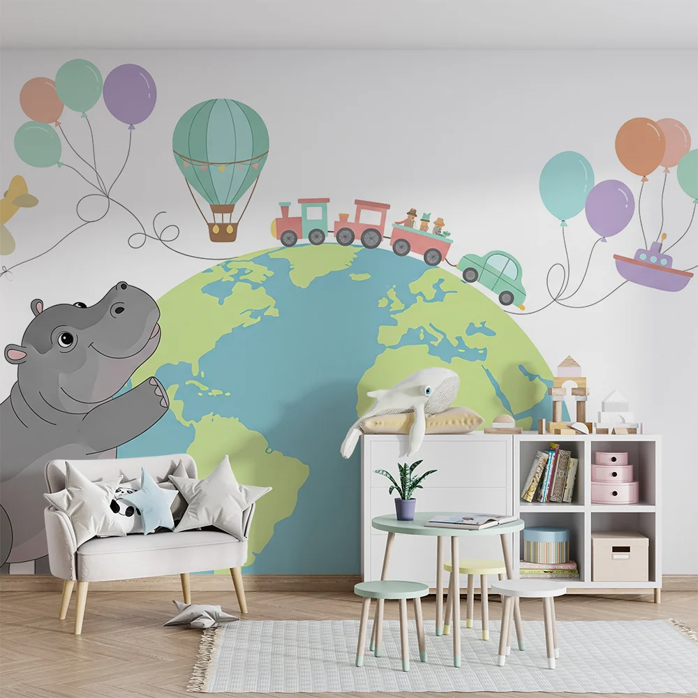 Lastenhuoneen tapetti | Iloinen virtahepo ja seikkailut ympäri maailmaa