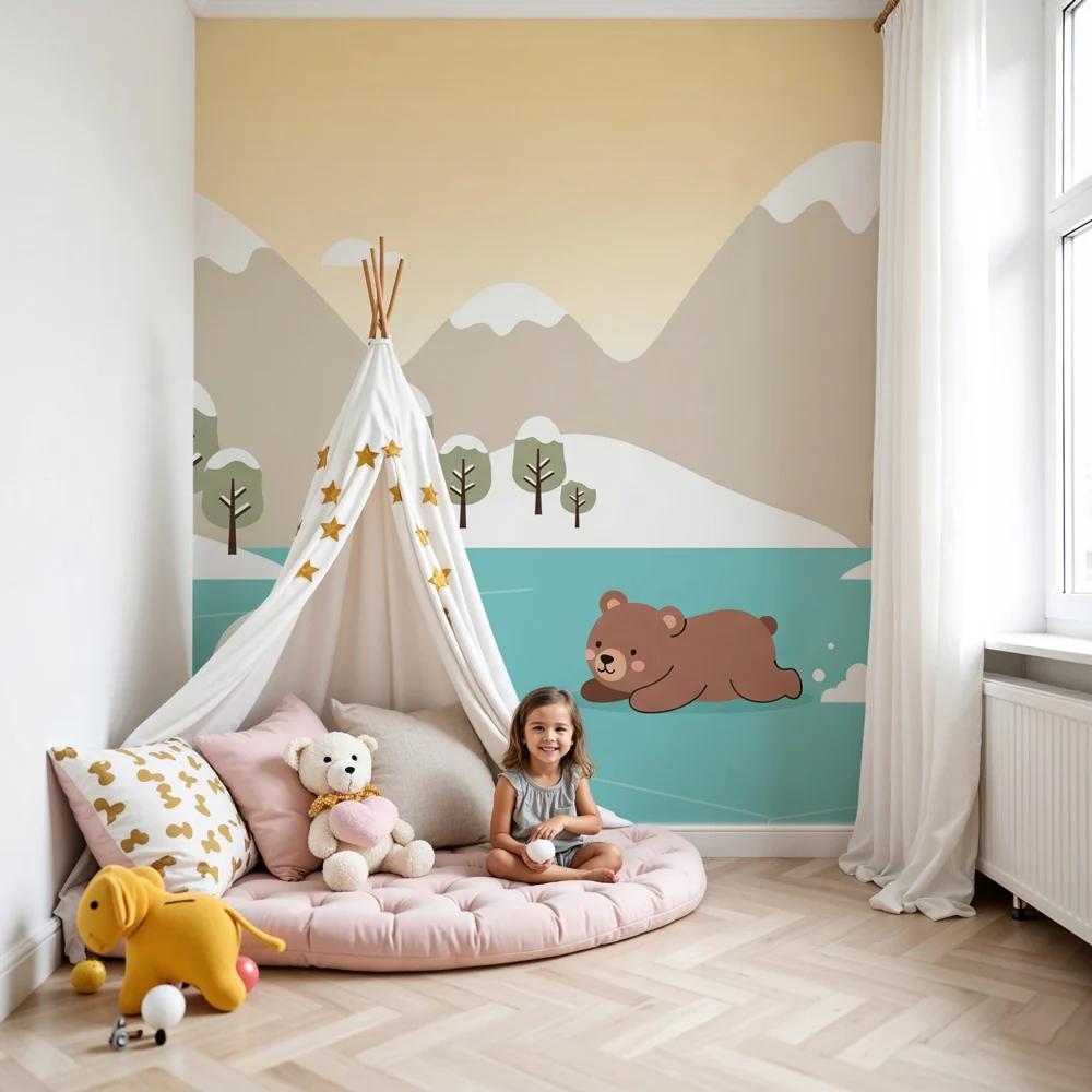 Lastenhuoneen tapetti | Söpö karhu lumisessa maisemassa