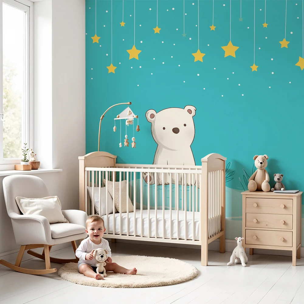 Lastenhuoneen tapetti | Söpö karhu tähtitaivaan alla