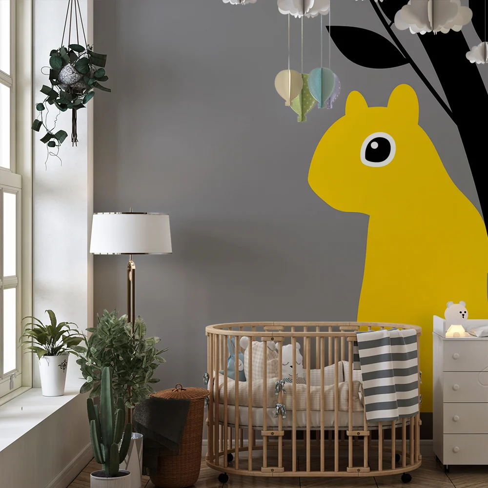 Lastenhuoneen tapetti | Keltainen elefantti ja graafinen lehtikuvio harmaalla pohjalla