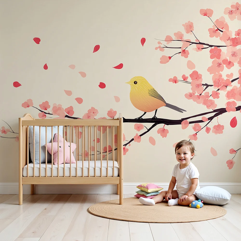 Lastenhuoneen tapetti | Keltainen lintu kirsikkapuun oksalla kukkien keskellä