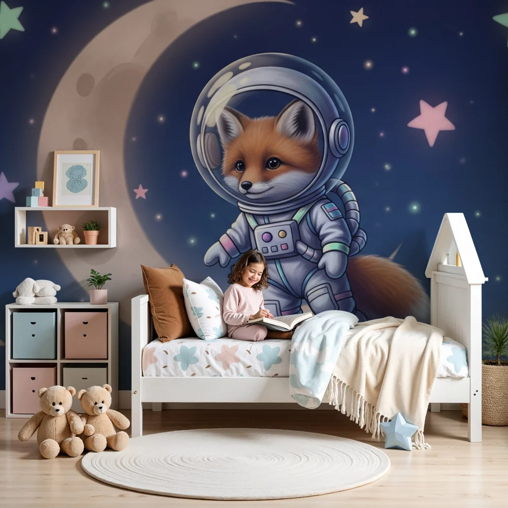 Lastenhuoneen tapetti | Kettu astronaatti ja tähdet