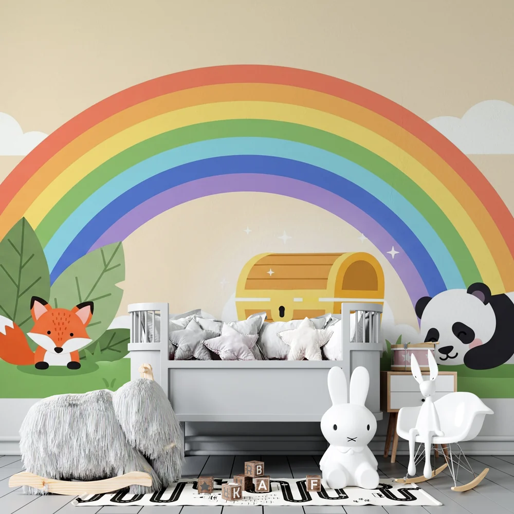 Lastenhuoneen tapetti | Kettu, panda ja sateenkaari