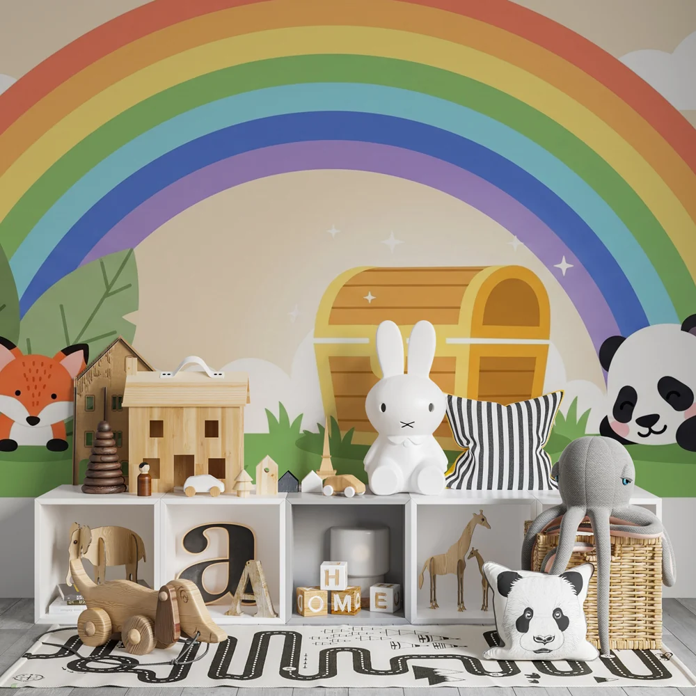 Lastenhuoneen tapetti | Kettu, panda ja sateenkaari