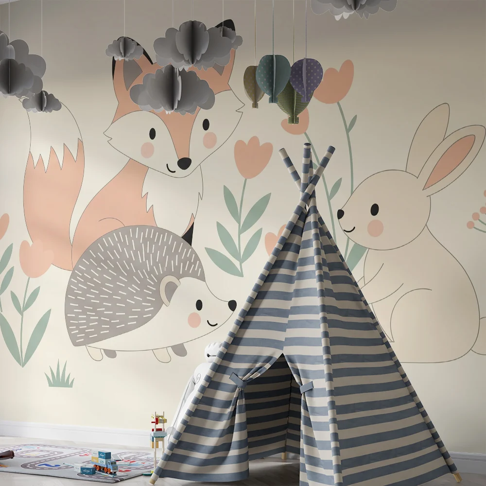 Lastenhuoneen tapetti | Kettu, siili ja pupu kukkivassa puutarhassa
