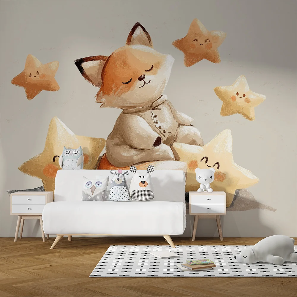 Lastenhuoneen tapetti | Söpö kettu ympäröi hymyileviä tähtiä