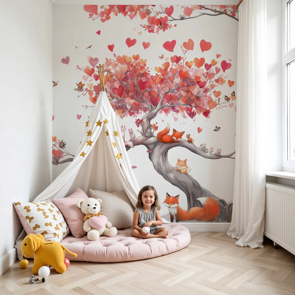 Lastenhuoneen tapetti kettuja ja rakastava puu | Runollinen ja mielikuvituksellinen kuvio