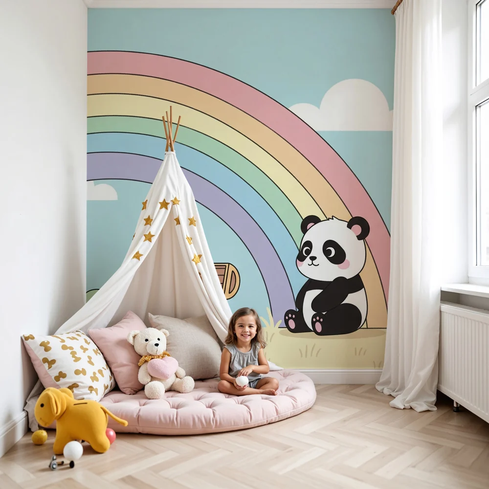 Lastenhuoneen tapetti | Kilpikonna, panda ja taianomainen sateenkaari