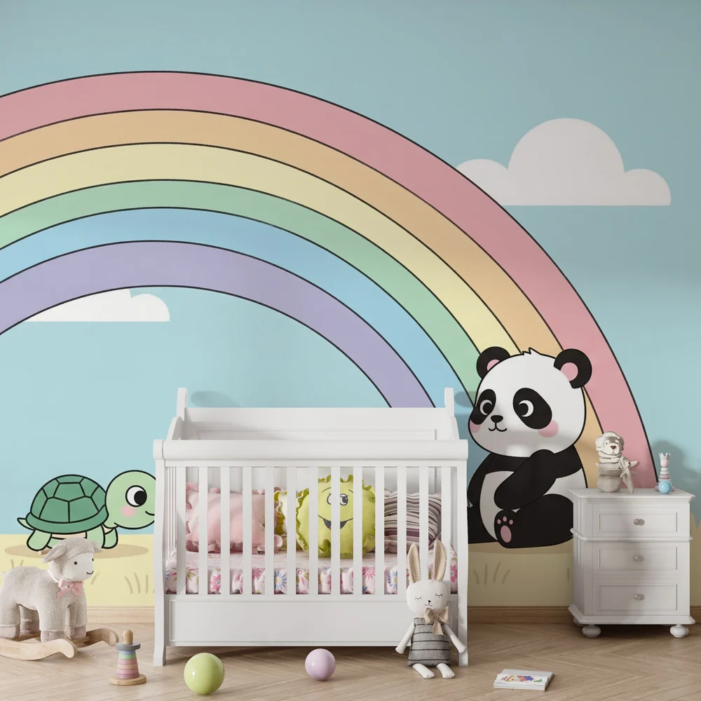 Lastenhuoneen tapetti | Kilpikonna, panda ja taianomainen sateenkaari