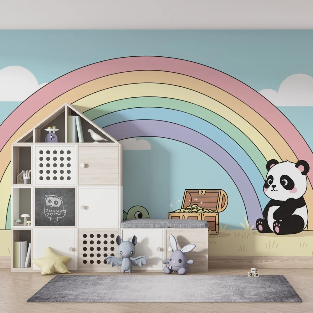 Lastenhuoneen tapetti | Kilpikonna, panda ja taianomainen sateenkaari