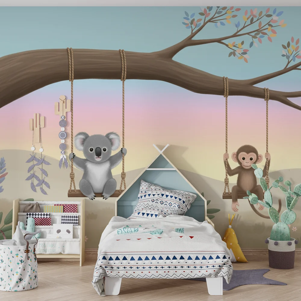 Lastenhuoneen tapetti | Koala ja apina keinuvat