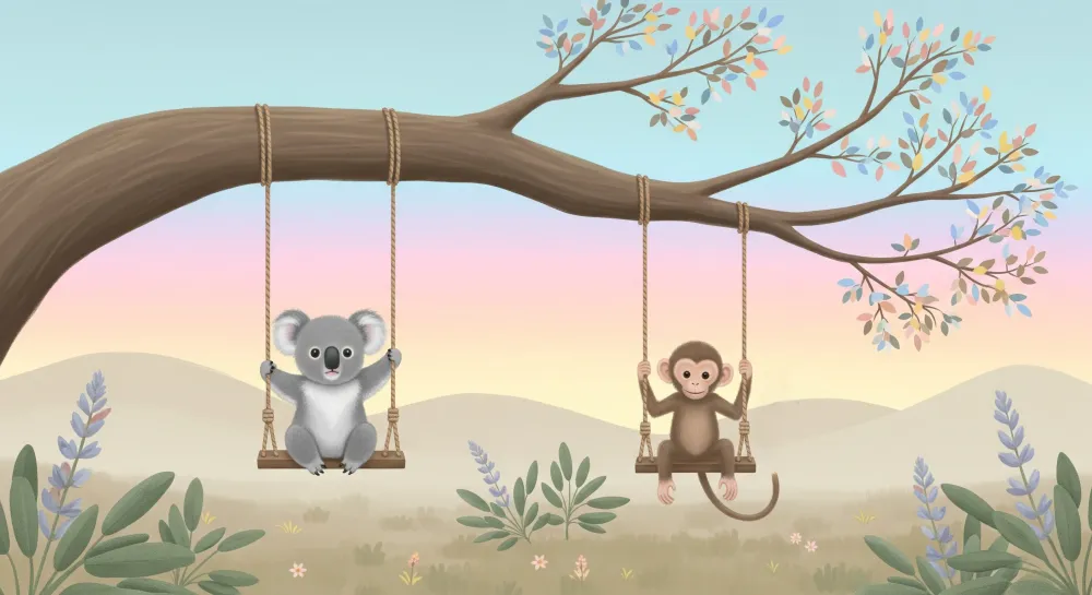 Lastenhuoneen tapetti | Koala ja apina keinuvat