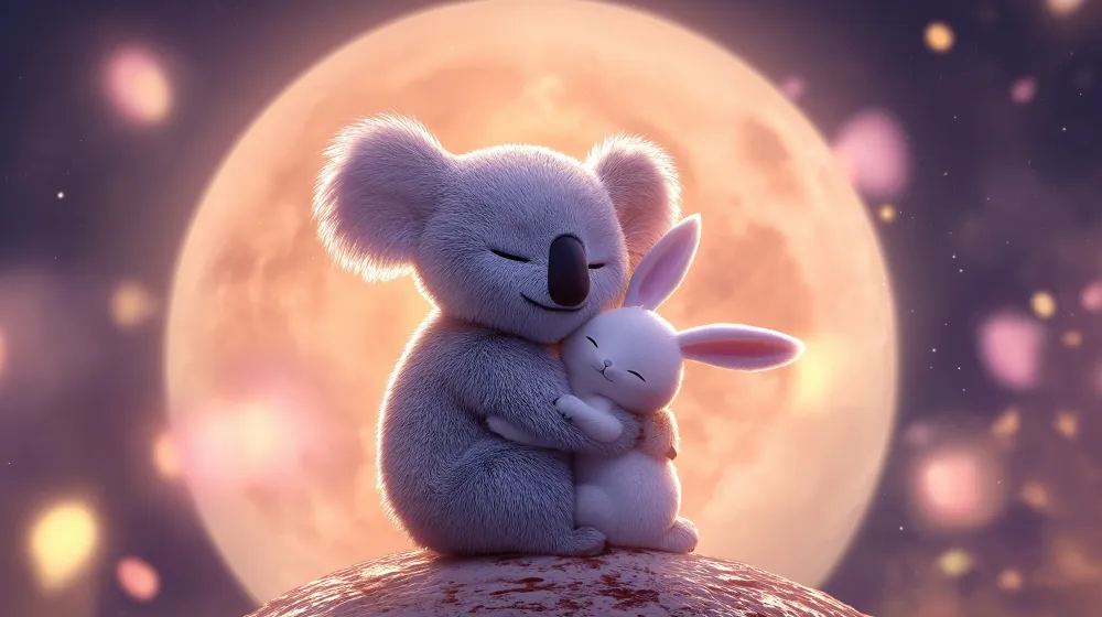 Lastenhuoneen tapetti | Koala ja kani halaavat kuun alla