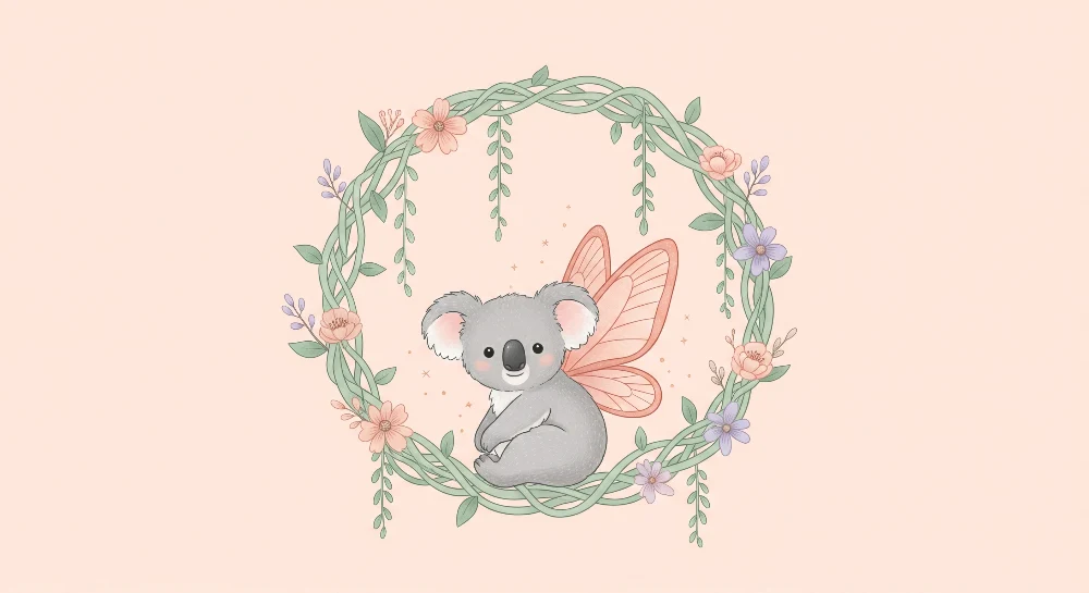 Lastenhuoneen tapetti | Söpö koala keiju siivillä ja herkillä kukilla