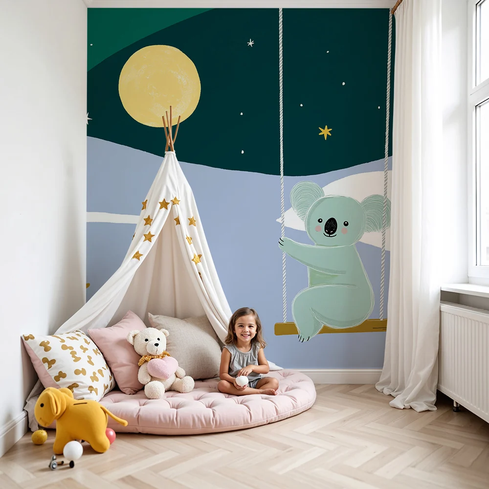 Lastenhuoneen tapetti | Koala keinussa tähtien alla