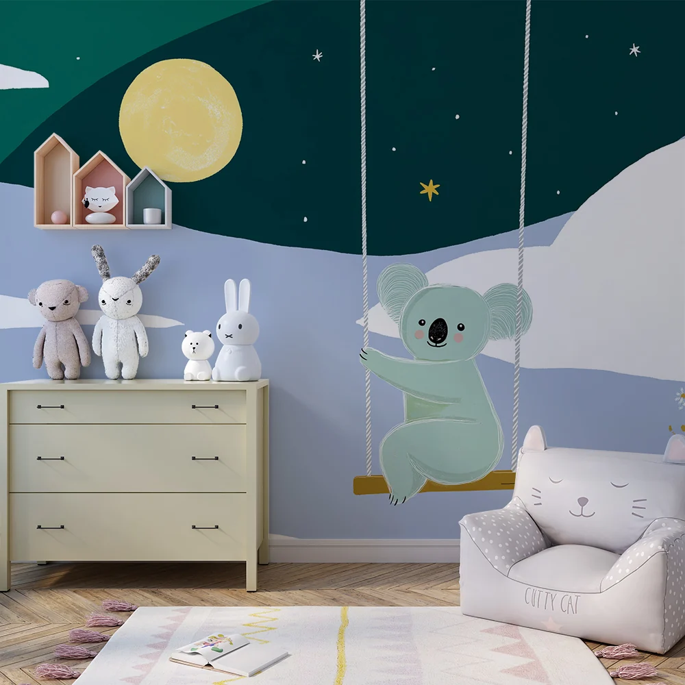 Lastenhuoneen tapetti | Koala keinussa tähtien alla