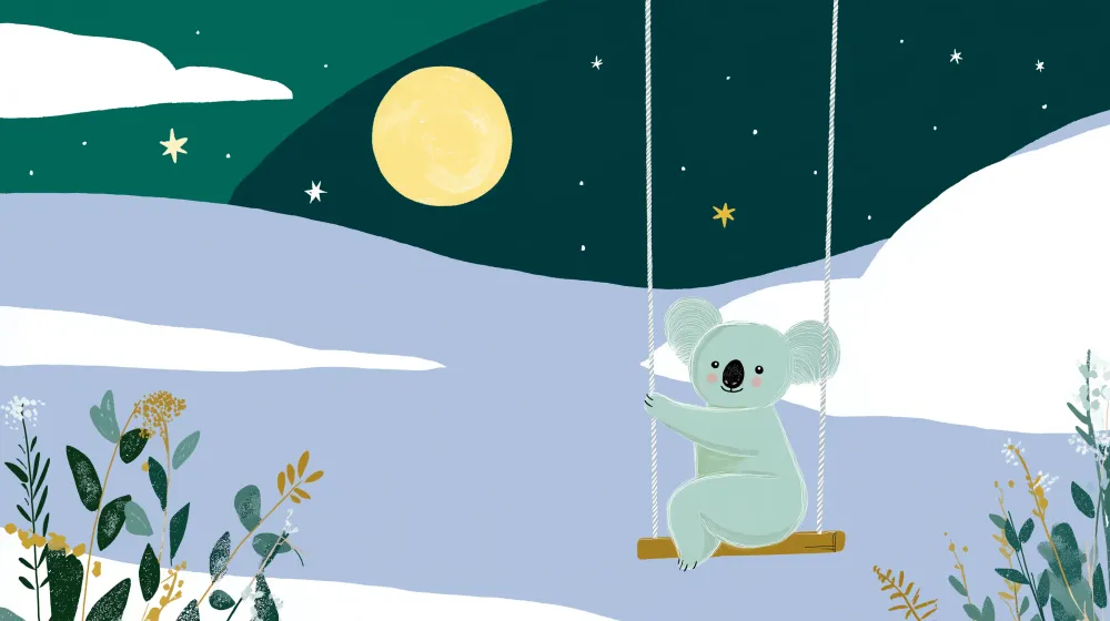 Lastenhuoneen tapetti | Koala keinussa tähtien alla