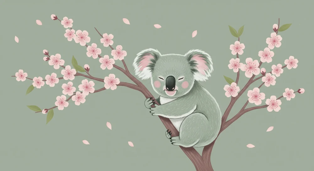 Lastenhuoneen tapetti | Söpö koala kirsikkapuun oksalla