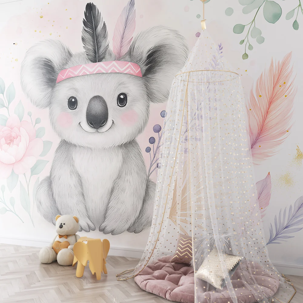 Lastenhuoneen tapetti | Söpö koala kukkien ja höyhenten keskellä