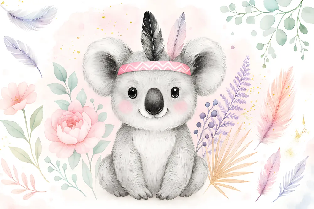 Lastenhuoneen tapetti | Söpö koala kukkien ja höyhenten keskellä