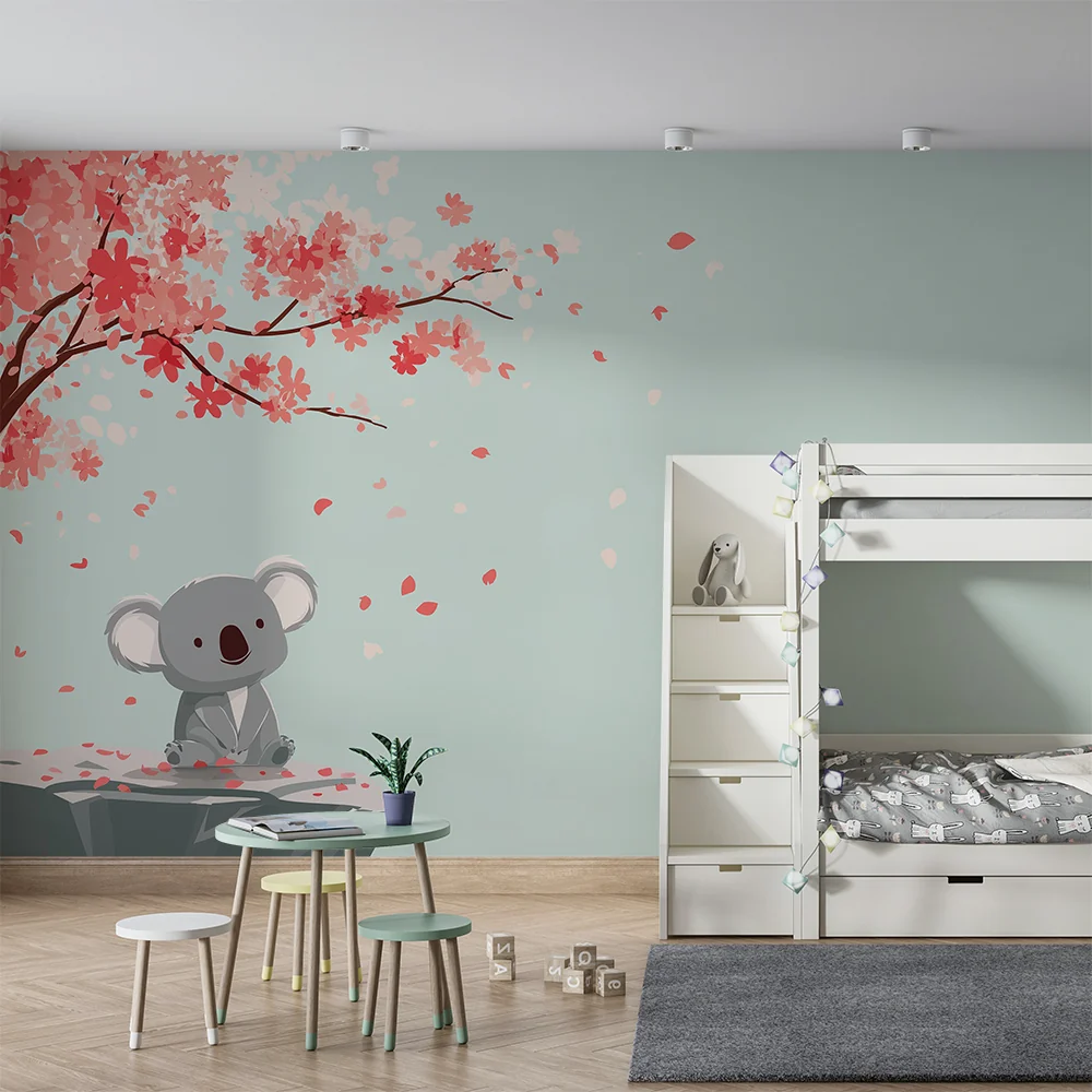 Lastenhuoneen tapetti | Söpö koala kukkivien kirsikkapuiden alla