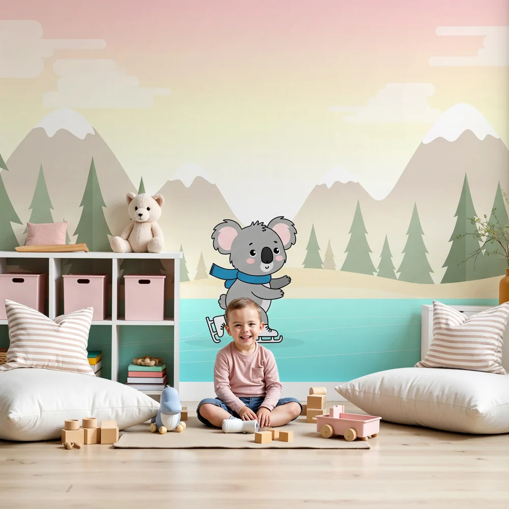 Lastenhuoneen tapetti | Koala luistelija talvimaisemassa
